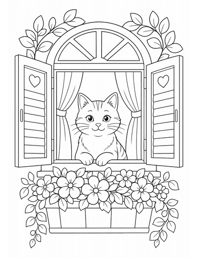 Cat Garden Window Coloring Page coloring page preview
