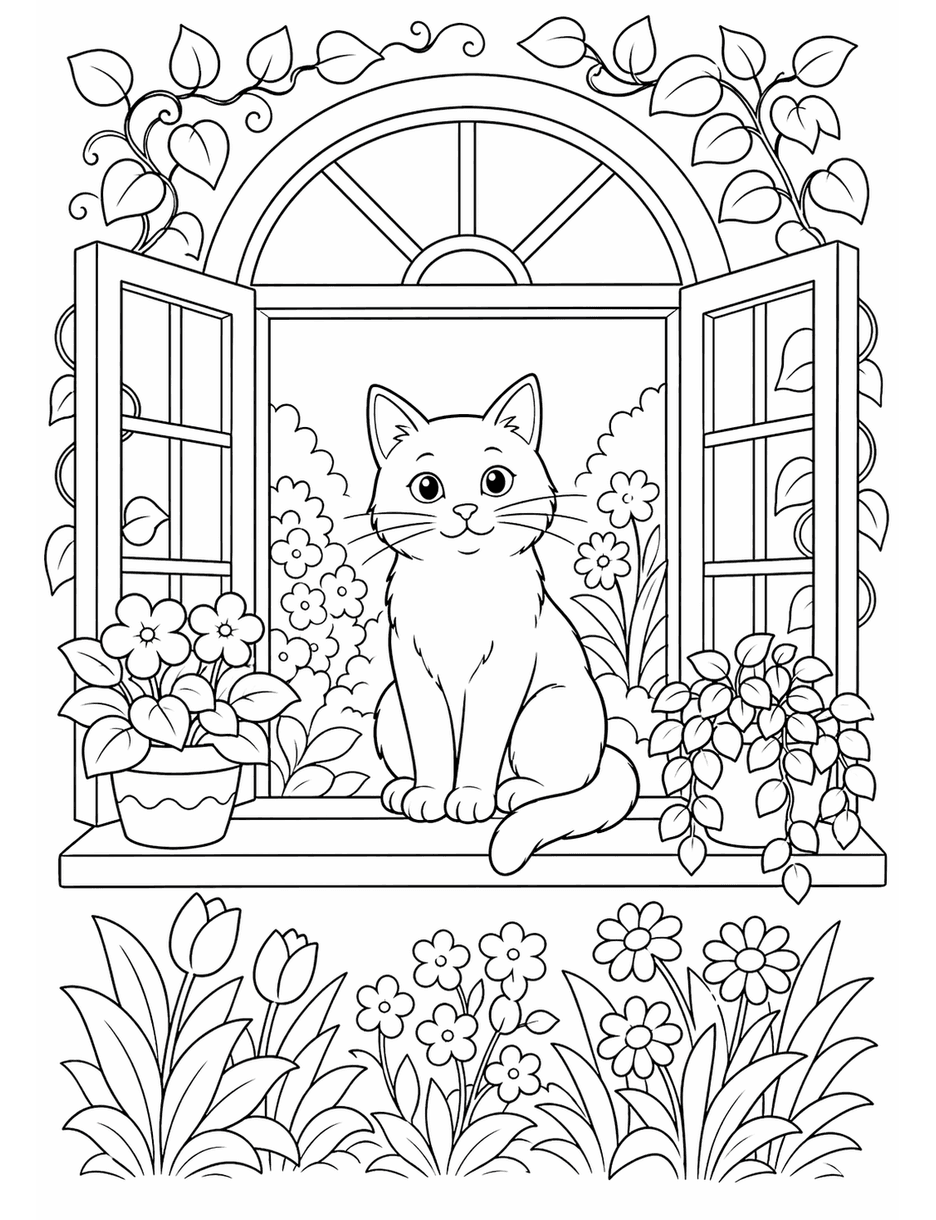 Cat Garden Window Coloring Page coloring page