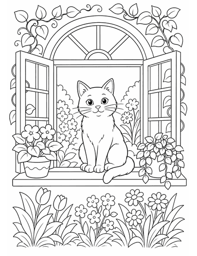 Cat Garden Window Coloring Page coloring page preview