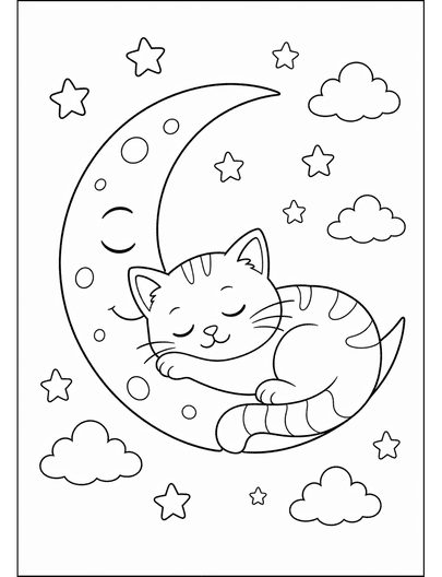 Sleeping Cat Moon Coloring Page coloring page preview