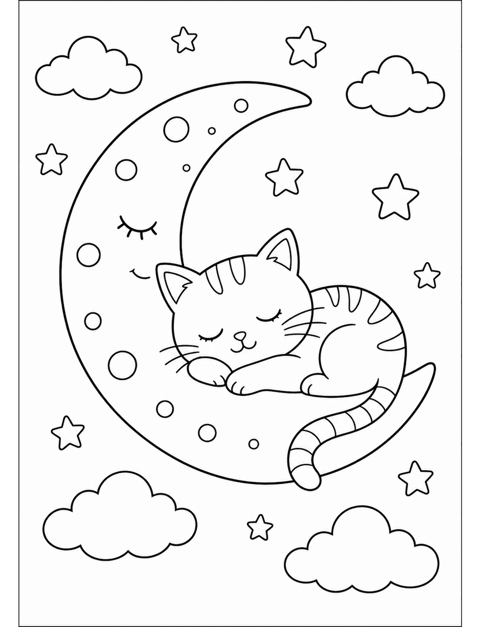 Sleeping Cat Moon Coloring Page coloring page
