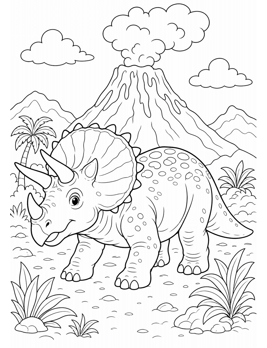 Triceratops Volcano printable coloring page from the dinosaur coloring pages collection