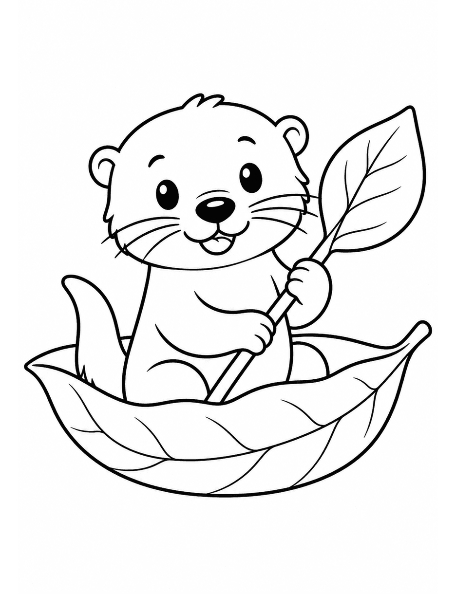 Otter With Leaf Boat printable coloring page from the fall coloring pages collection