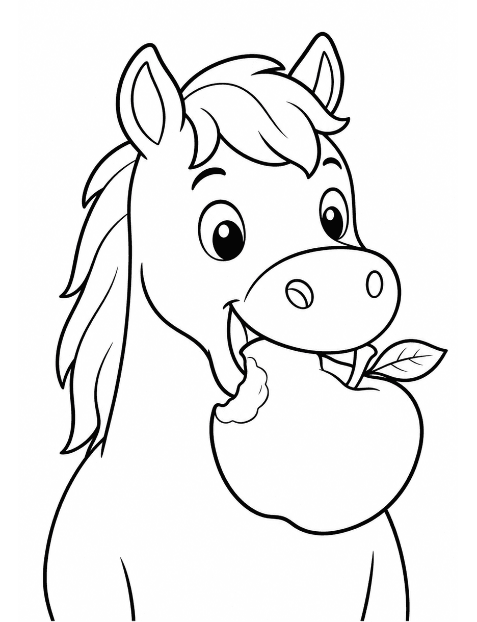 Horse Eating A Big Apple printable coloring page from the horse coloring pages collection