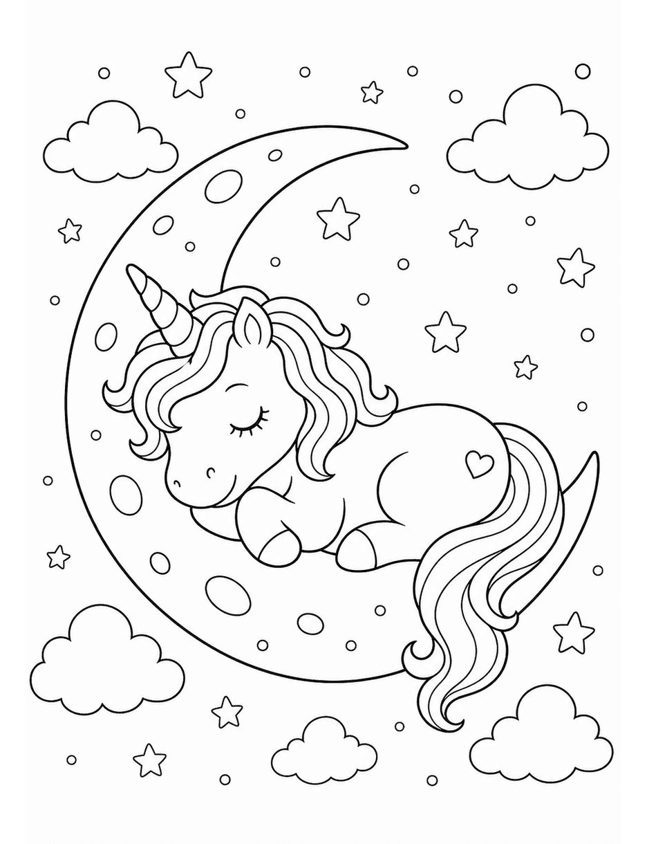 Sleeping Unicorn Moon Coloring Page coloring page