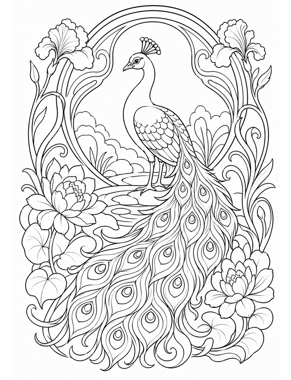 Art Nouveau Peacock Garden coloring page