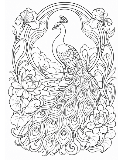 Art Nouveau Peacock Garden coloring page preview