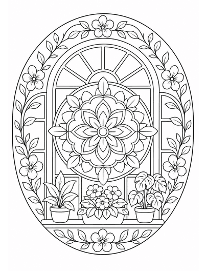 Botanical Window Mandala coloring page preview