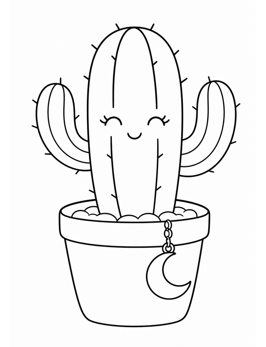 Minimalist Cactus With Crescent Moon Charm printable coloring page from the adult coloring pages collection