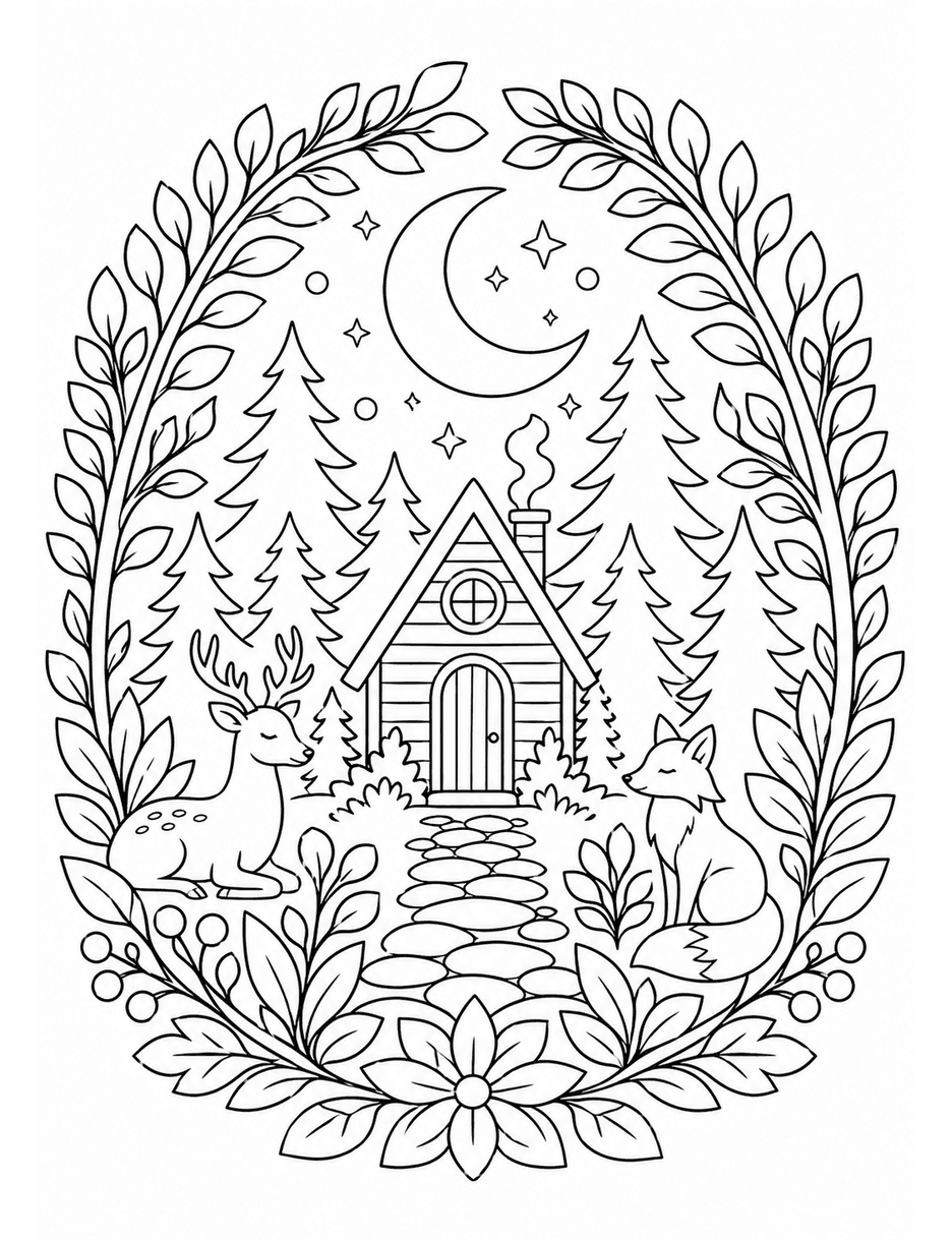 Moonlit Forest Pattern Retreat printable coloring page from the adult coloring pages collection