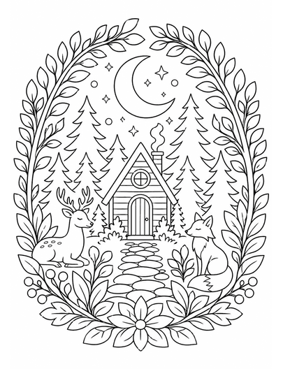 Moonlit Forest Pattern Retreat printable coloring page from the adult coloring pages collection