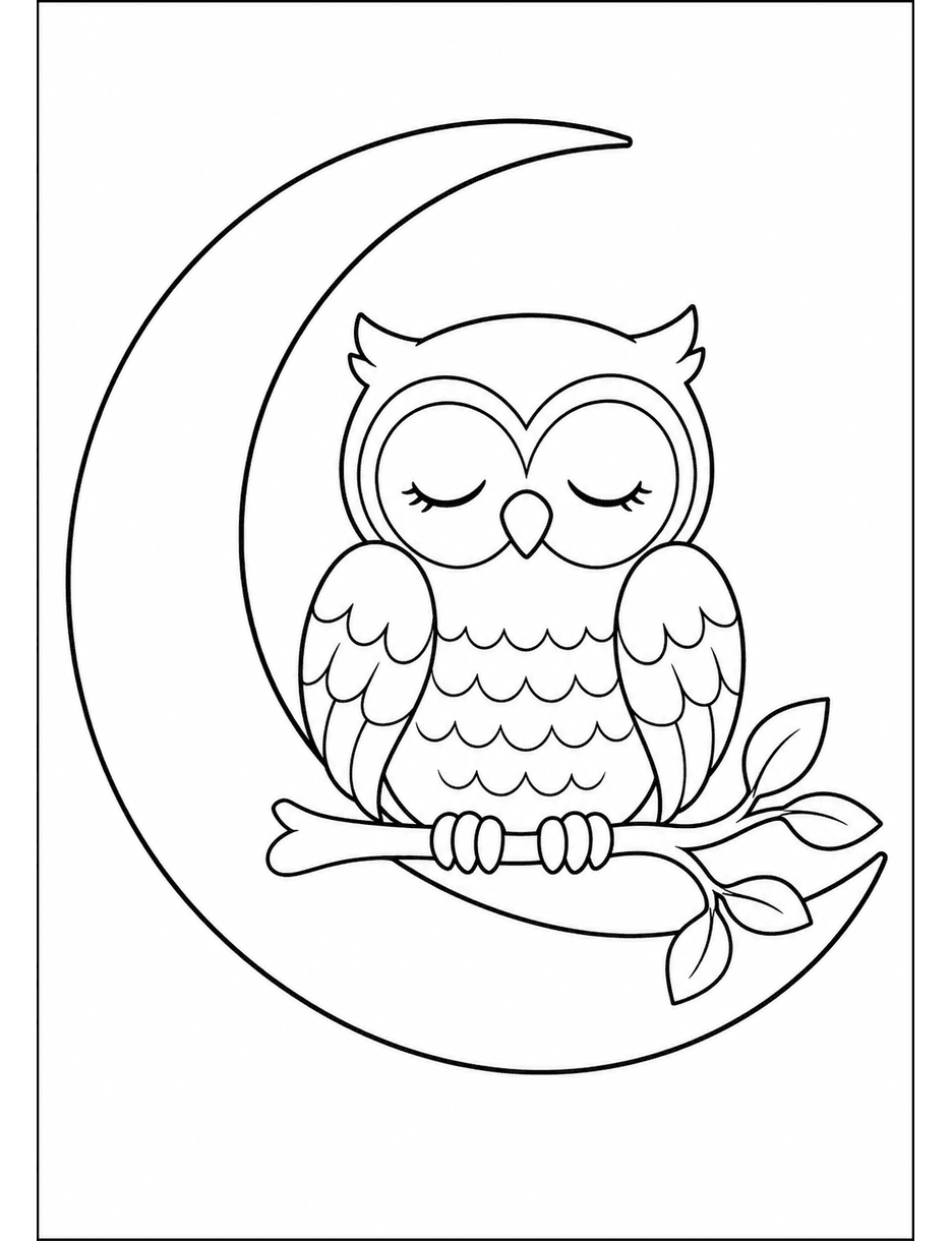 Peaceful Owl On A Crescent Moon Branch printable coloring page from the adult coloring pages collection