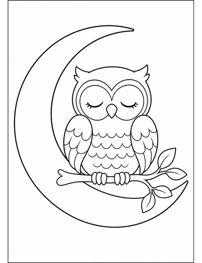 Peaceful Owl On A Crescent Moon Branch printable coloring page from the adult coloring pages collection