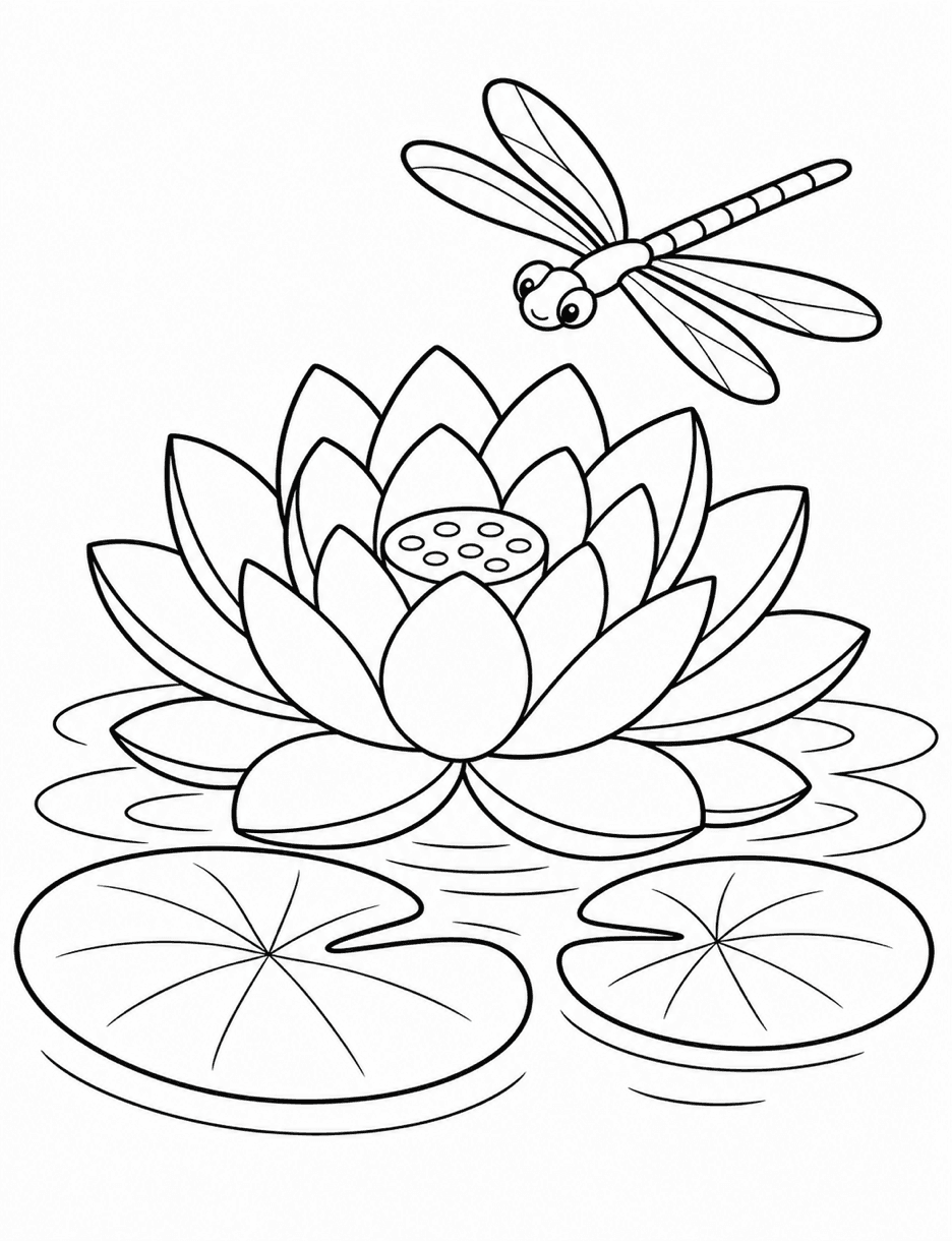 Quiet Lotus Pond With Dragonfly printable coloring page from the adult coloring pages collection