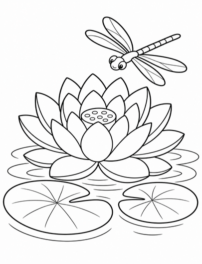 Quiet Lotus Pond With Dragonfly printable coloring page from the adult coloring pages collection