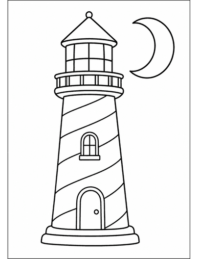 Simple Lighthouse With A Crescent Moon printable coloring page from the adult coloring pages collection