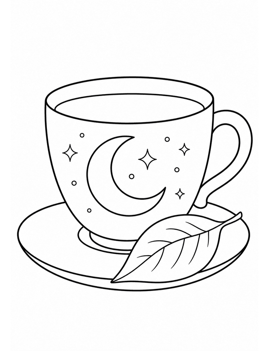 Simple Moonlit Teacup With Leaf printable coloring page from the adult coloring pages collection