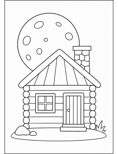 Simple Mountain Cabin Under A Big Moon printable coloring page from the adult coloring pages collection