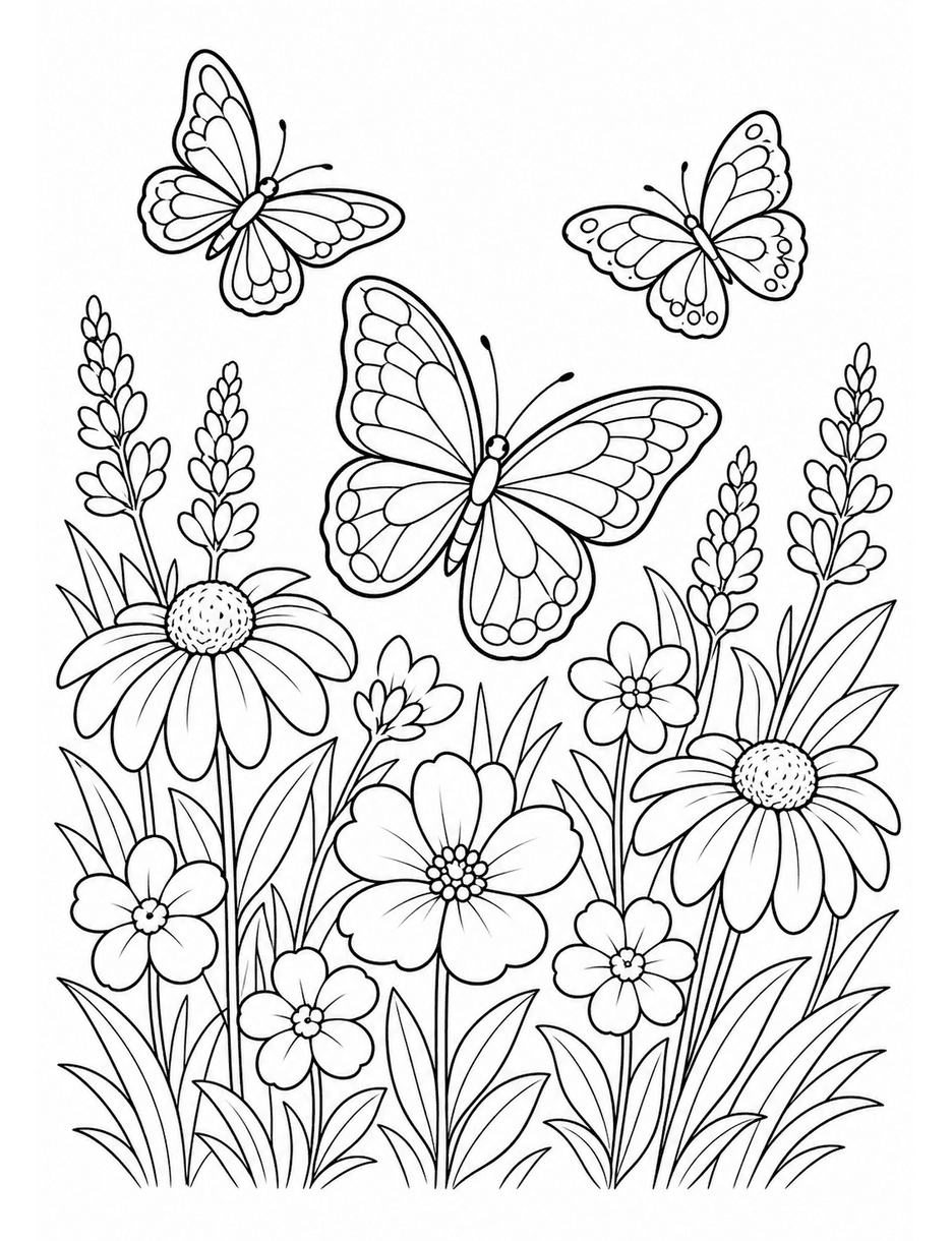 Butterfly Meadow Blossoms printable coloring page from the butterfly coloring pages collection