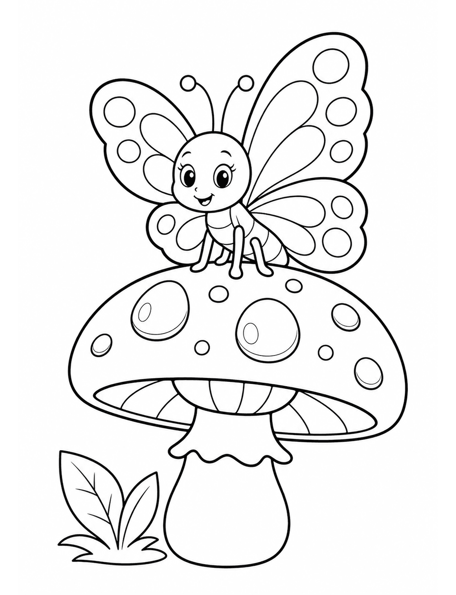 Butterfly On A Mushroom With Dew Drops printable coloring page from the butterfly coloring pages collection