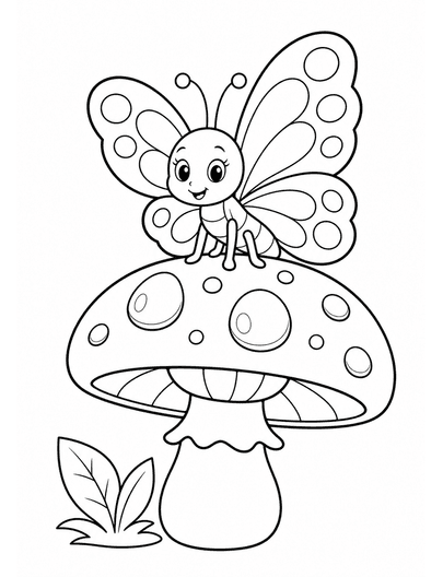 Butterfly On A Mushroom With Dew Drops printable coloring page from the butterfly coloring pages collection