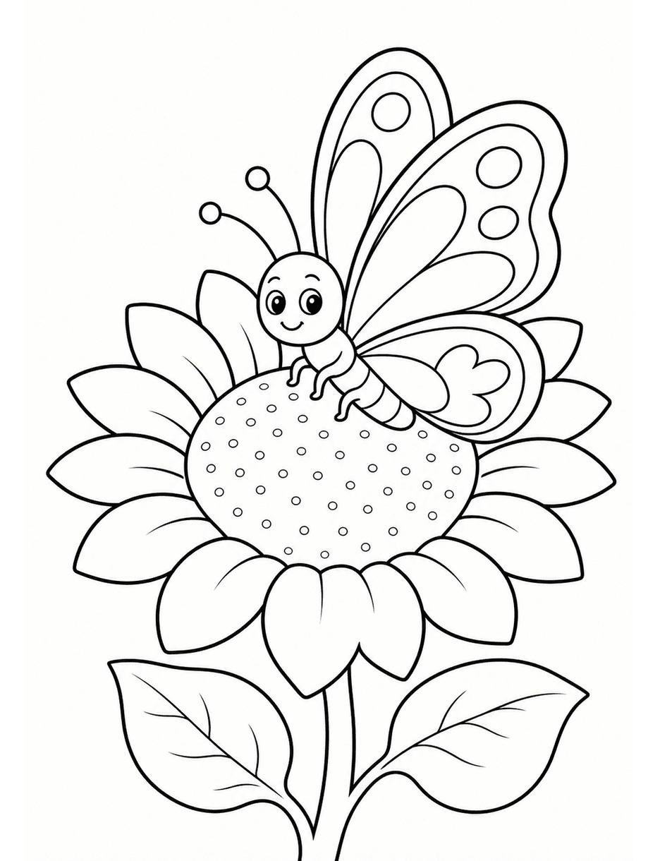 Butterfly On A Sunflower printable coloring page from the butterfly coloring pages collection