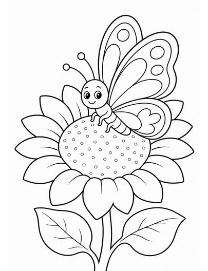 Butterfly On A Sunflower printable coloring page from the butterfly coloring pages collection
