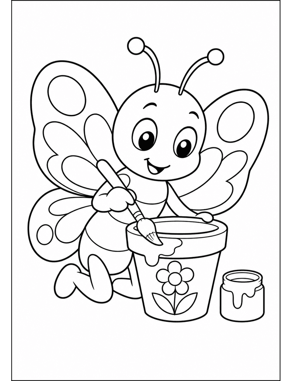 Butterfly Painting A Tiny Flower Pot printable coloring page from the butterfly coloring pages collection