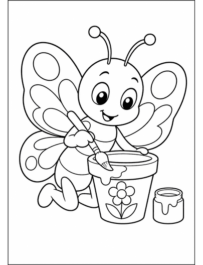 Butterfly Painting A Tiny Flower Pot printable coloring page from the butterfly coloring pages collection