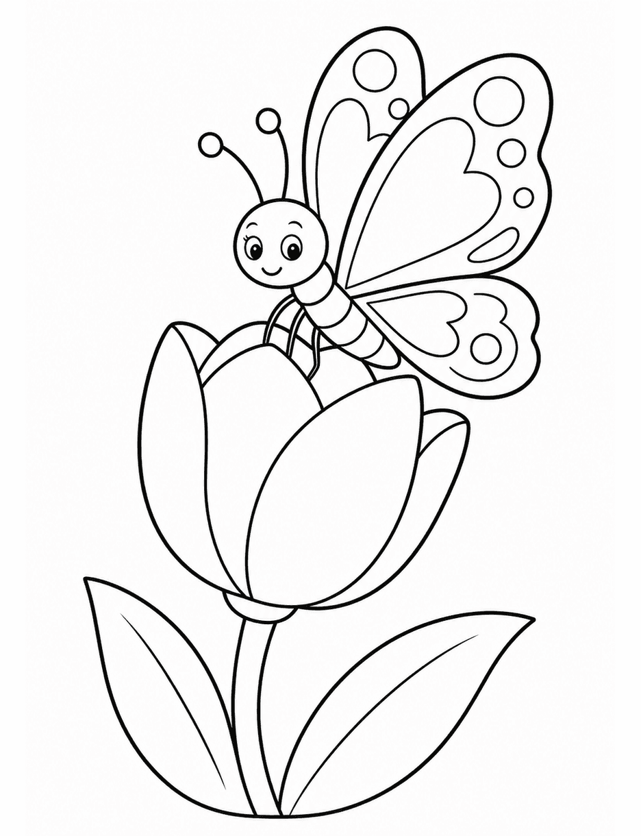 Butterfly Resting On A Tulip printable coloring page from the butterfly coloring pages collection
