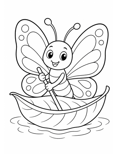 Butterfly Riding A Leaf Boat printable coloring page from the butterfly coloring pages collection