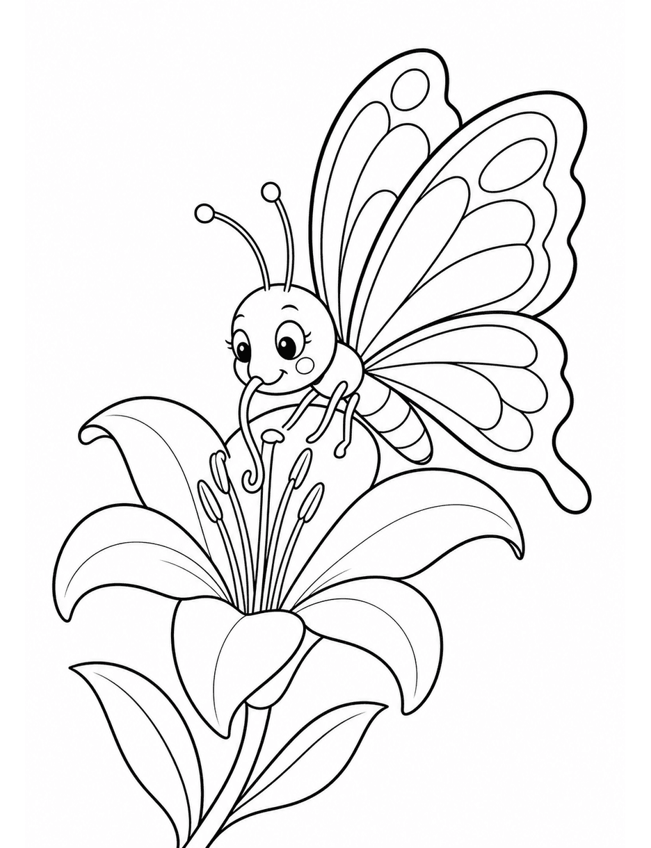 Butterfly Sipping Nectar From A Lily printable coloring page from the butterfly coloring pages collection