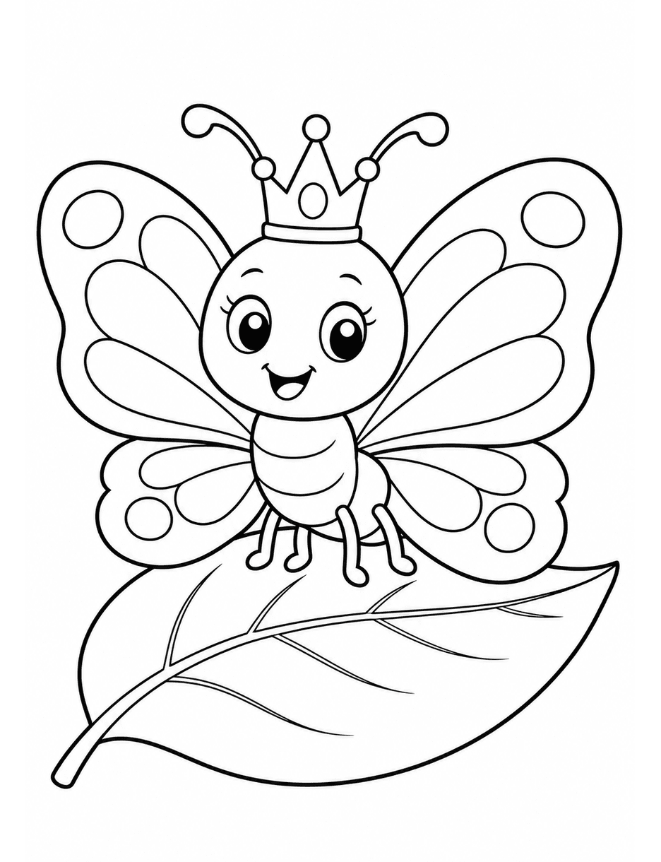 Butterfly Wearing A Crown On A Leaf printable coloring page from the butterfly coloring pages collection