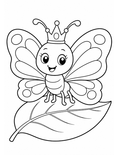 Butterfly Wearing A Crown On A Leaf printable coloring page from the butterfly coloring pages collection