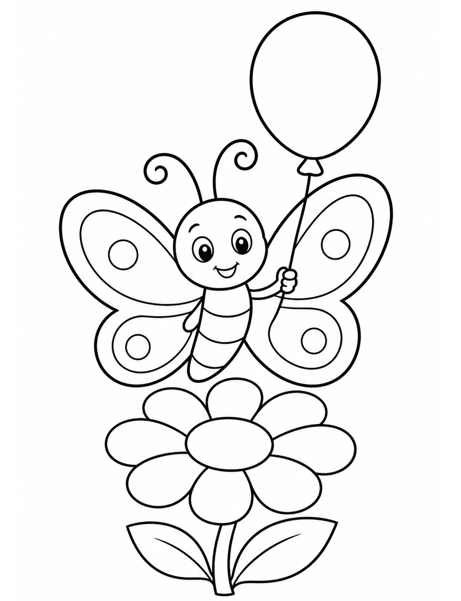 Butterfly With A Balloon Over A Flower printable coloring page from the butterfly coloring pages collection