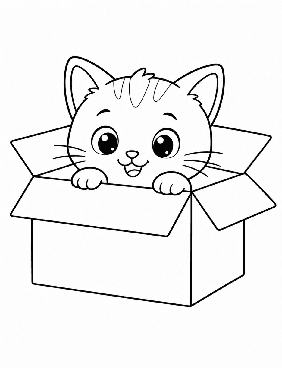 Curious Kitten Peeking From A Cardboard Box printable coloring page from the cat coloring pages collection