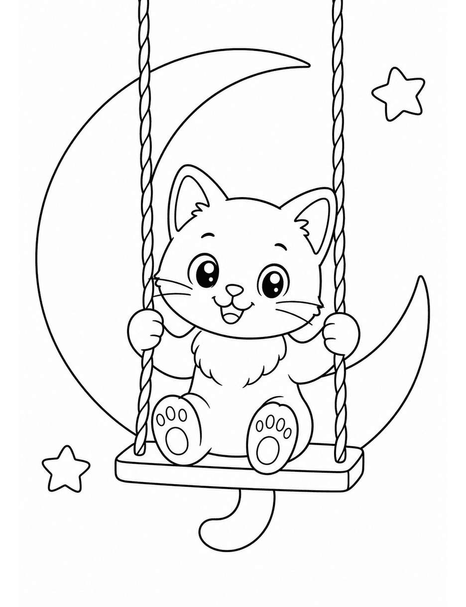 Kitten On A Swing Under A Big Moon printable coloring page from the cat coloring pages collection