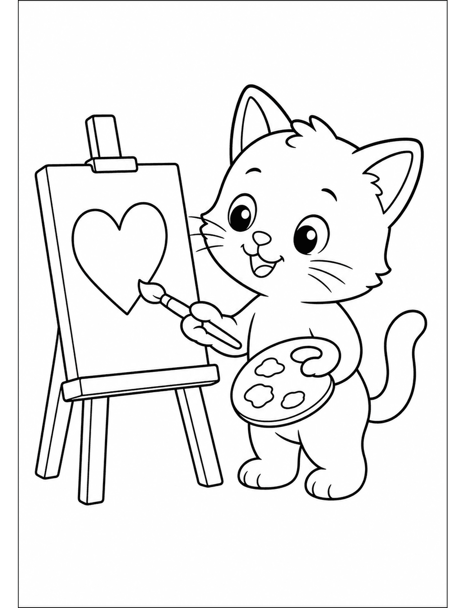 Kitten Painting A Simple Heart On Canvas printable coloring page from the cat coloring pages collection
