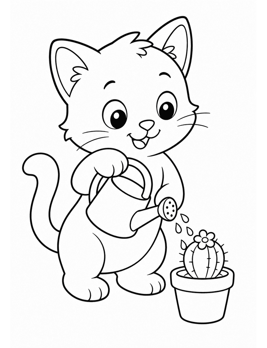 Kitten Watering A Tiny Cactus In A Pot printable coloring page from the cat coloring pages collection