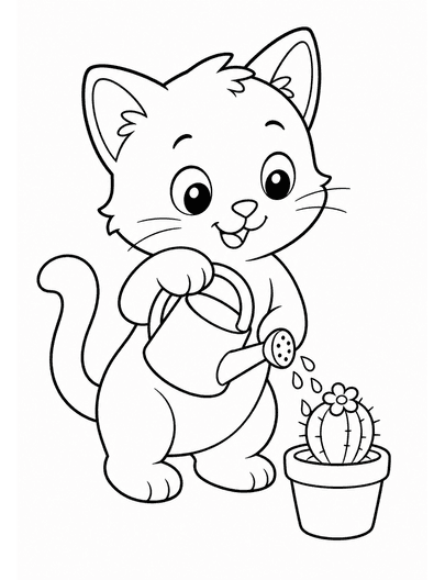 Kitten Watering A Tiny Cactus In A Pot printable coloring page from the cat coloring pages collection