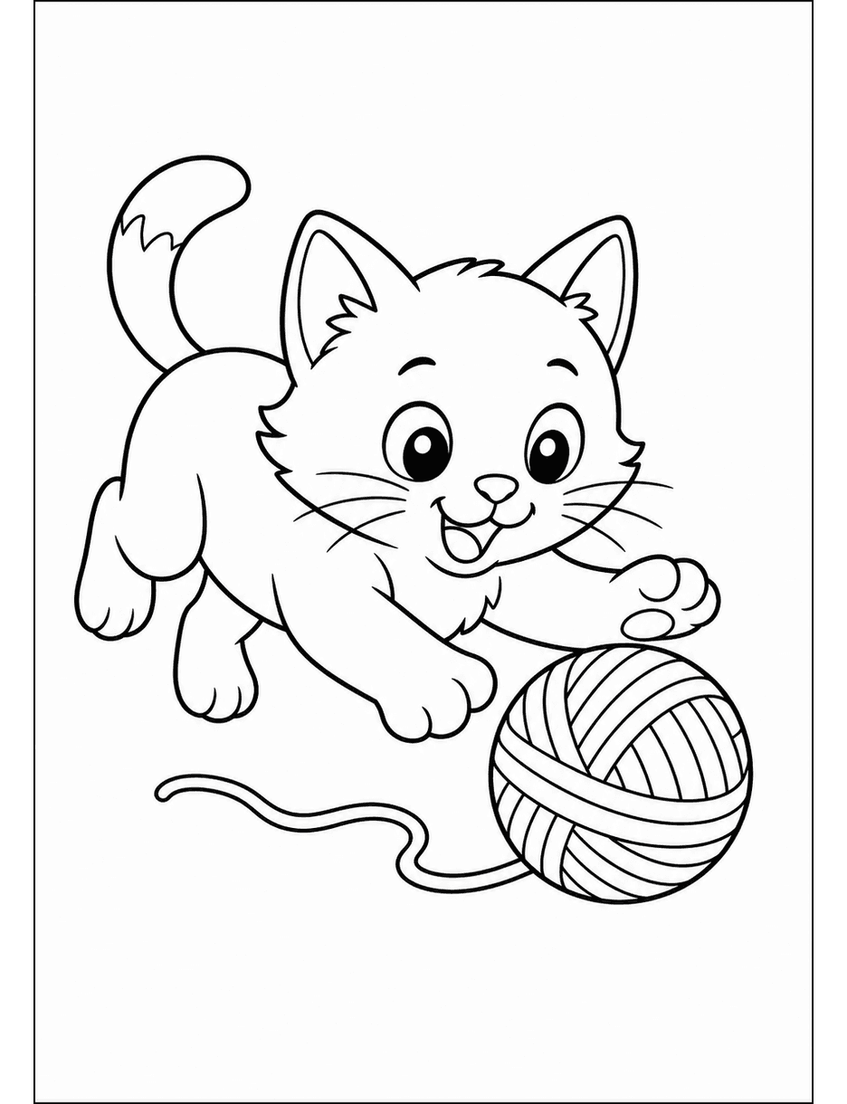 Playful Kitten Chasing A Yarn Ball printable coloring page from the cat coloring pages collection