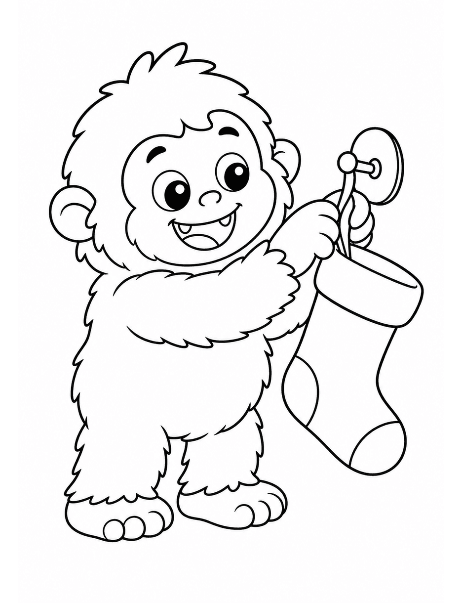 Baby Yeti Hanging A Christmas Stocking printable coloring page from the christmas coloring pages collection