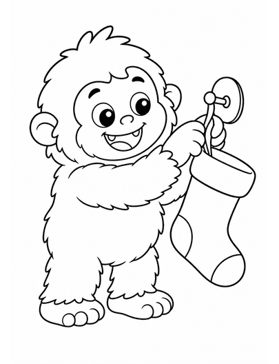 Baby Yeti Hanging A Christmas Stocking printable coloring page from the christmas coloring pages collection