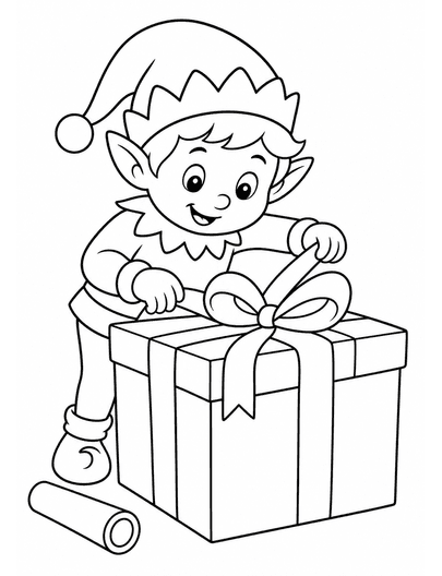 Christmas Elf Wrapping A Big Present printable coloring page from the christmas coloring pages collection