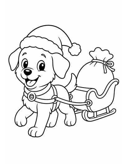 Christmas Puppy Pulling A Sleigh printable coloring page from the christmas coloring pages collection