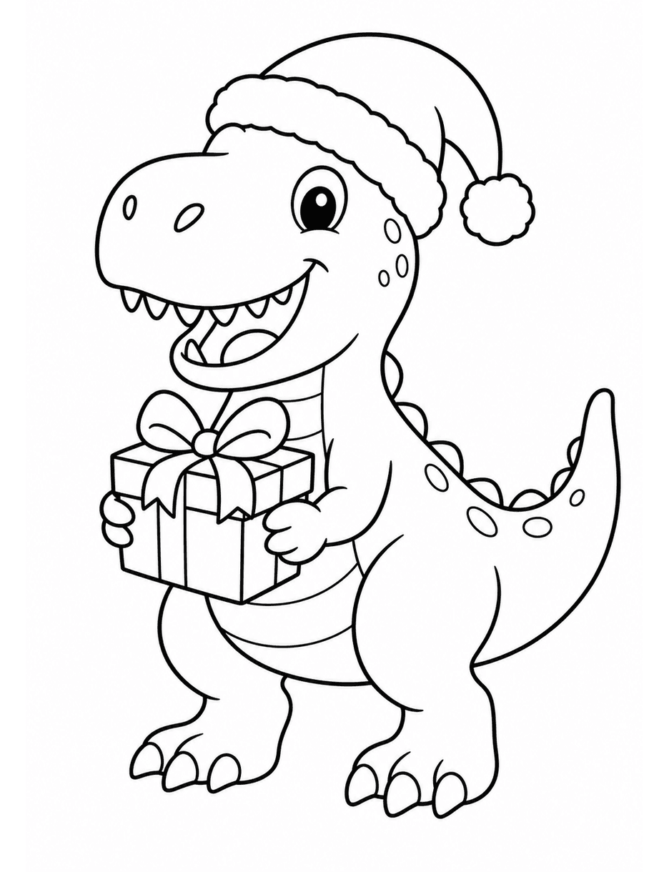 Christmas T-Rex In Santa Hat With Gift printable coloring page from the christmas coloring pages collection