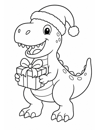 Christmas T-Rex In Santa Hat With Gift printable coloring page from the christmas coloring pages collection
