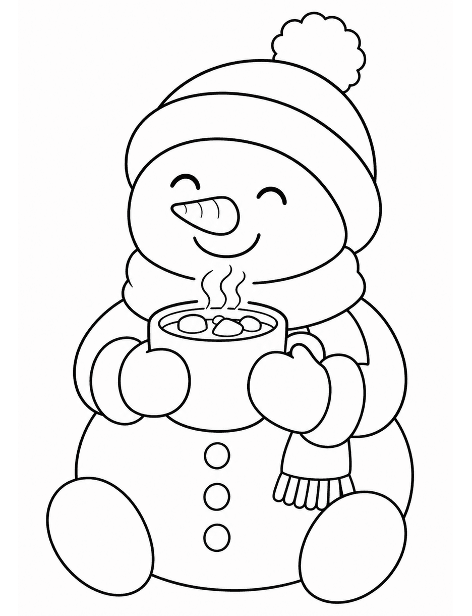Cozy Snowman Sipping Hot Cocoa printable coloring page from the christmas coloring pages collection