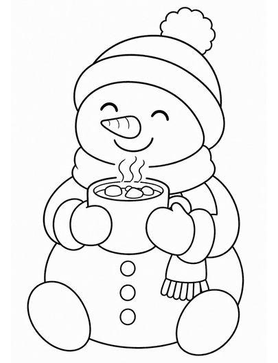Cozy Snowman Sipping Hot Cocoa printable coloring page from the christmas coloring pages collection