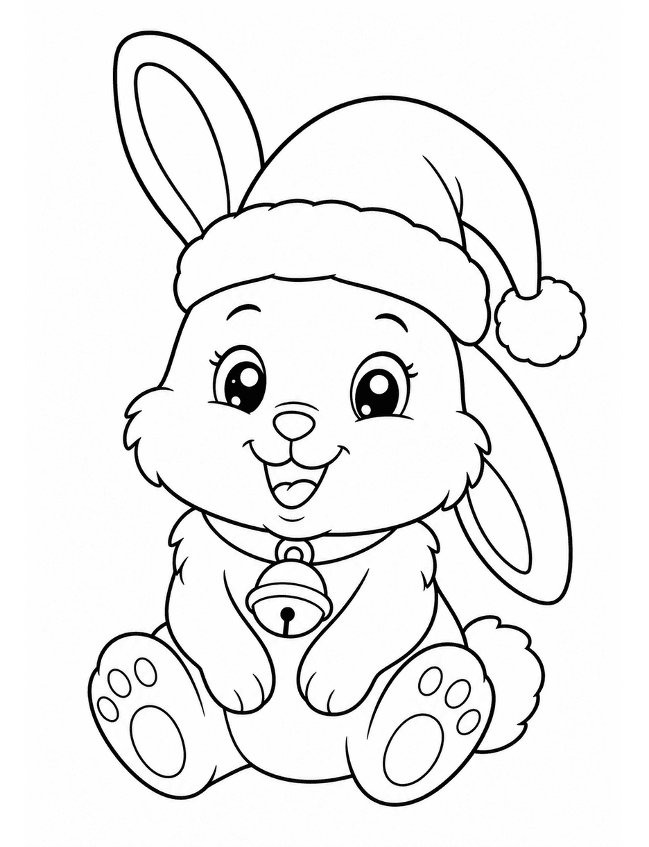 Cute Bunny In A Santa Hat With A Bell printable coloring page from the christmas coloring pages collection